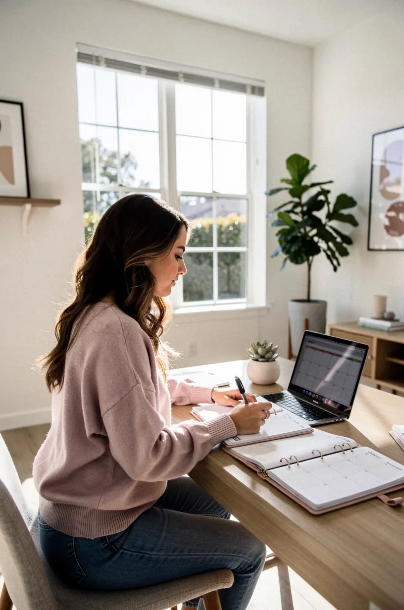 A person practicing morning routine with coffee and planner.
